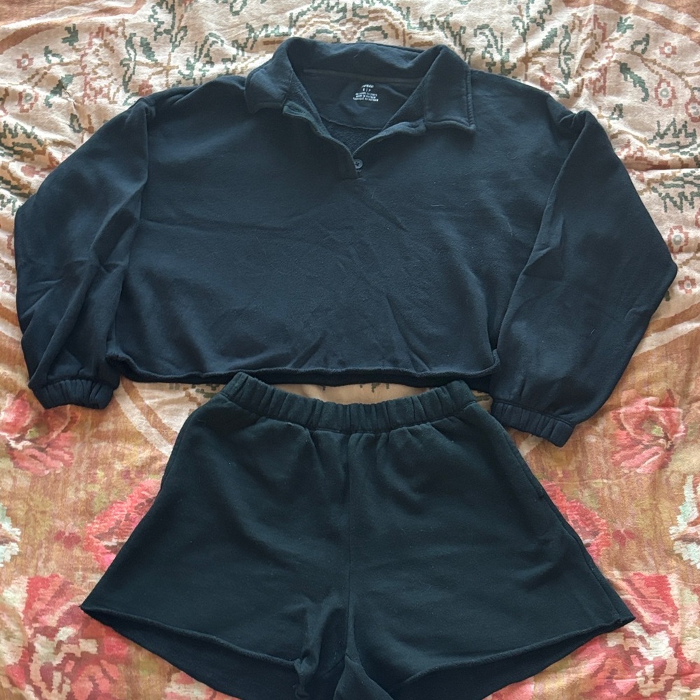 Aerie Black Cropped Sweatshirt & Shorts Set